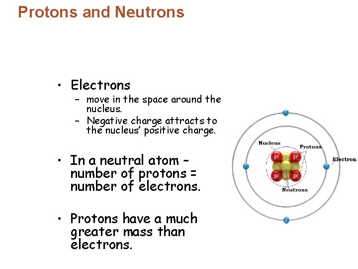 Protons and Neutrons • Electrons – move in the space around the nucleus. –