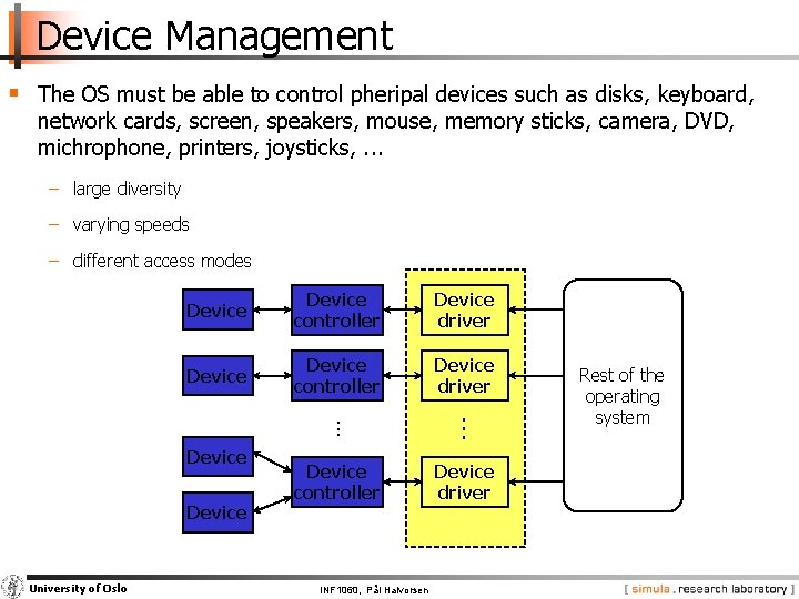 Device Management § The OS must be able to control pheripal devices such as