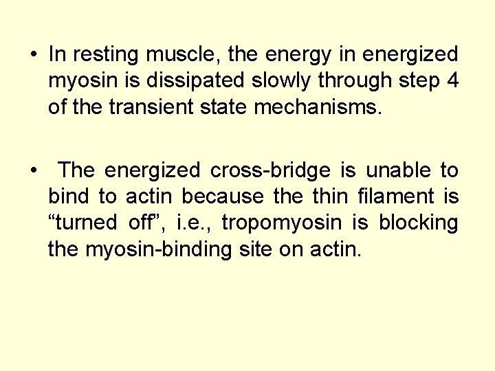 • In resting muscle, the energy in energized myosin is dissipated slowly through
