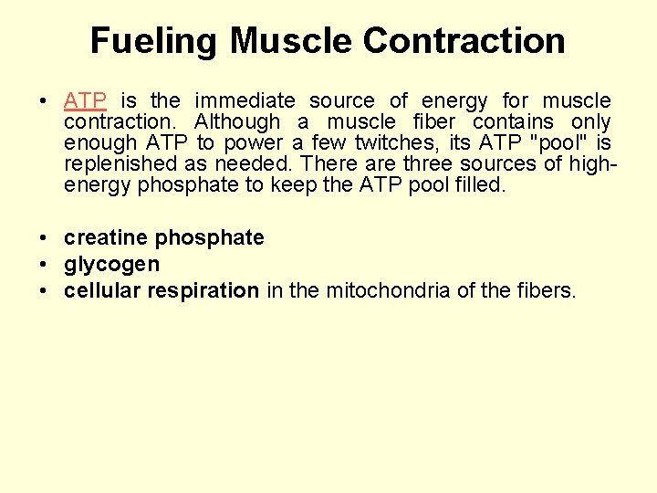 Fueling Muscle Contraction • ATP is the immediate source of energy for muscle contraction.