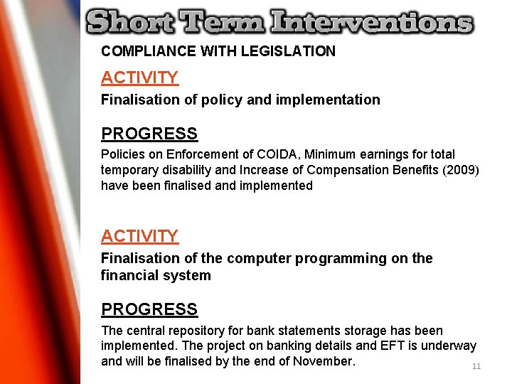 COMPLIANCE WITH LEGISLATION ACTIVITY Finalisation of policy and implementation PROGRESS Policies on Enforcement of COMPLIANCE WITH LEGISLATION ACTIVITY Finalisation of policy and implementation PROGRESS Policies on Enforcement of