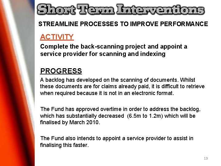 STREAMLINE PROCESSES TO IMPROVE PERFORMANCE ACTIVITY Complete the back-scanning project and appoint a service STREAMLINE PROCESSES TO IMPROVE PERFORMANCE ACTIVITY Complete the back-scanning project and appoint a service