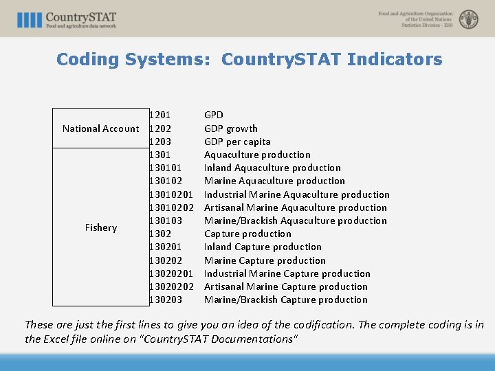 Coding Systems: Country. STAT Indicators 1201 National Account 1202 1203 130101 13010201 13010202 130103