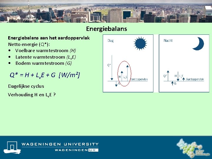 Energiebalans aan het aardoppervlak Netto energie (Q*): • Voelbare warmtestroom (H) • Latente warmtestroom