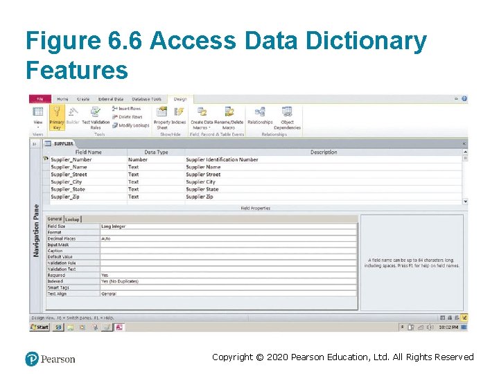 Figure 6. 6 Access Data Dictionary Features Copyright © 2020 Pearson Education, Ltd. All