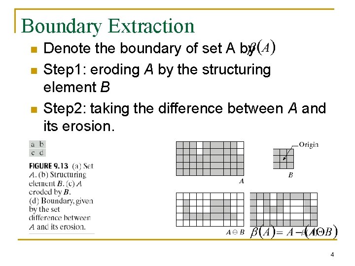 Boundary Extraction n Denote the boundary of set A by Step 1: eroding A