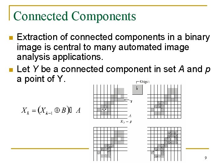 Connected Components n n Extraction of connected components in a binary image is central