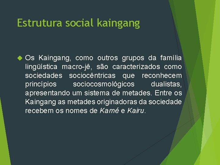 Estrutura social kaingang Os Kaingang, como outros grupos da família lingüística macro-jê, são caracterizados