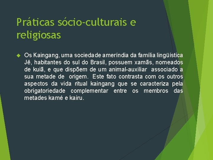 Práticas sócio-culturais e religiosas Os Kaingang, uma sociedade ameríndia da família lingüística Jê, habitantes