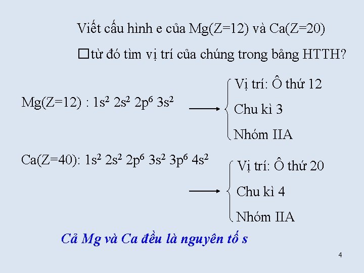 Viết cấu hình e của Mg(Z=12) và Ca(Z=20) �từ đó tìm vị trí của