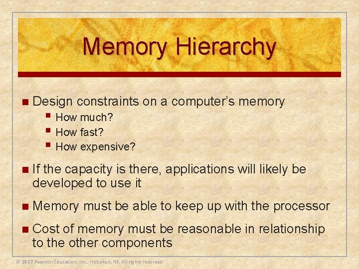 Memory Hierarchy n Design constraints on a computer’s memory n If the capacity is