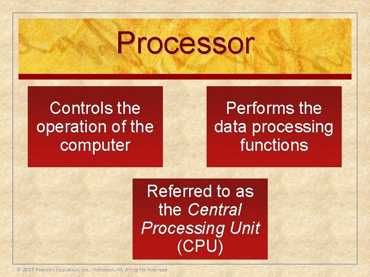 Processor Controls the operation of the computer Performs the data processing functions Referred to