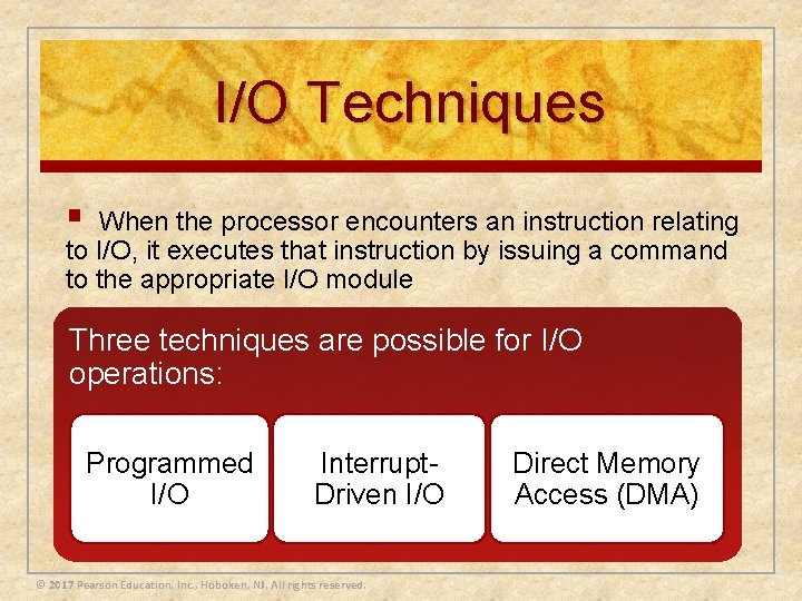 I/O Techniques § When the processor encounters an instruction relating to I/O, it executes