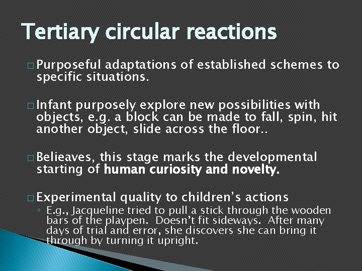 Tertiary circular reactions � Purposeful adaptations of established schemes to specific situations. � Infant