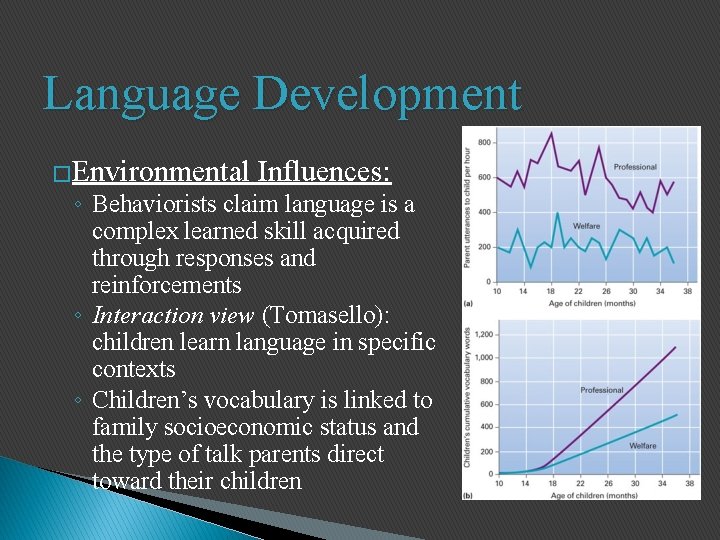 Language Development �Environmental Influences: ◦ Behaviorists claim language is a complex learned skill acquired