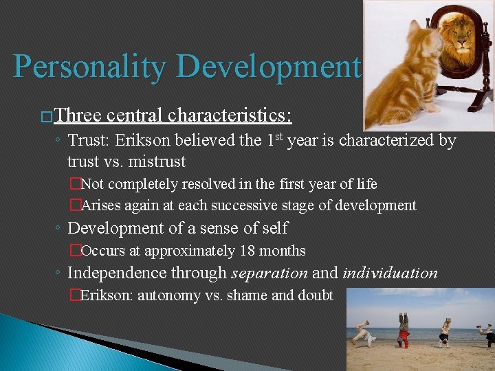 Personality Development �Three central characteristics: ◦ Trust: Erikson believed the 1 st year is