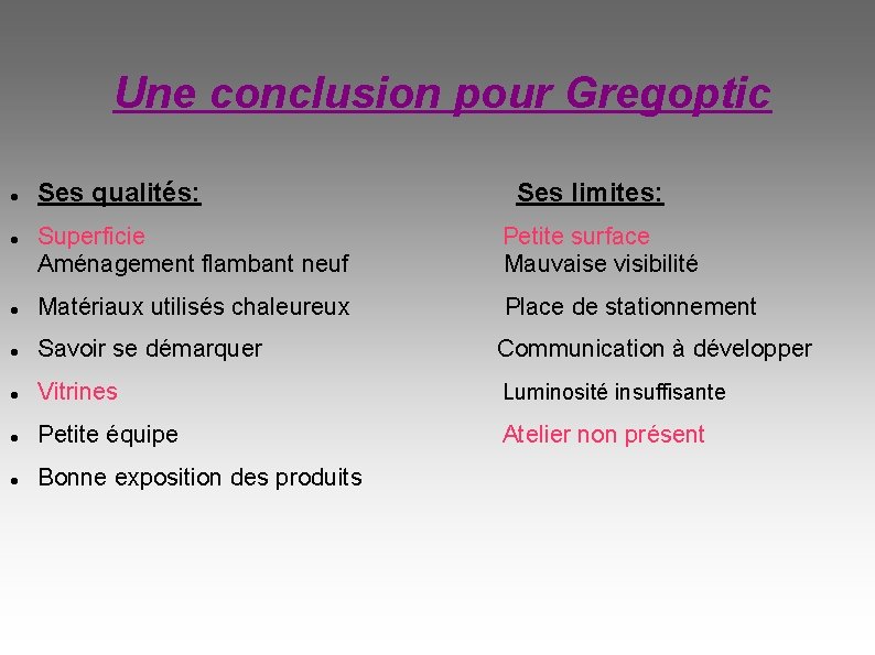 Une conclusion pour Gregoptic Ses qualités: Ses limites: Superficie Aménagement flambant neuf Petite surface