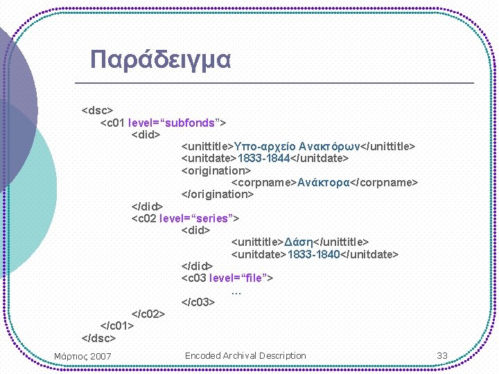 Παράδειγμα <dsc> <c 01 level=“subfonds”> <did> <unittitle>Υπο-αρχείο Ανακτόρων</unittitle> <unitdate>1833 -1844</unitdate> <origination> <corpname>Ανάκτορα</corpname> </origination> </did>