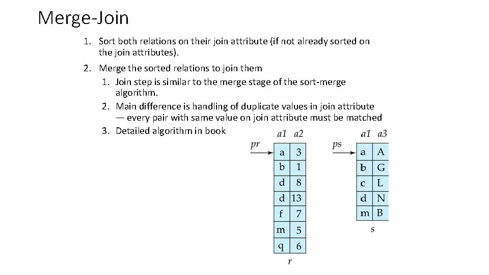 Merge-Join 1. Sort both relations on their join attribute (if not already sorted on