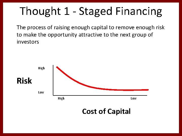 Thought 1 - Staged Financing The process of raising enough capital to remove enough