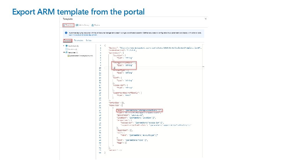 Export ARM template from the portal 