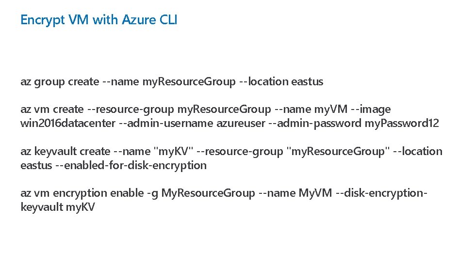 Encrypt VM with Azure CLI az group create --name my. Resource. Group --location eastus