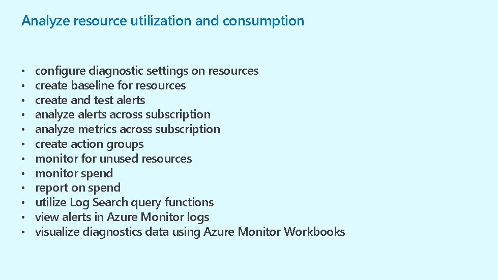 Analyze resource utilization and consumption • • • configure diagnostic settings on resources create