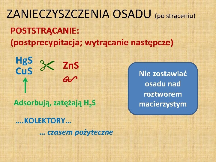 ZANIECZYSZCZENIA OSADU (po strąceniu) POSTSTRĄCANIE: (postprecypitacja; wytrącanie następcze) Hg. S Cu. S Zn. S