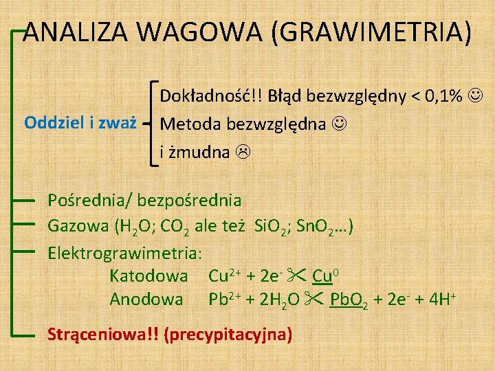 ANALIZA WAGOWA (GRAWIMETRIA) Oddziel i zważ Dokładność!! Błąd bezwzględny < 0, 1% Metoda bezwzględna