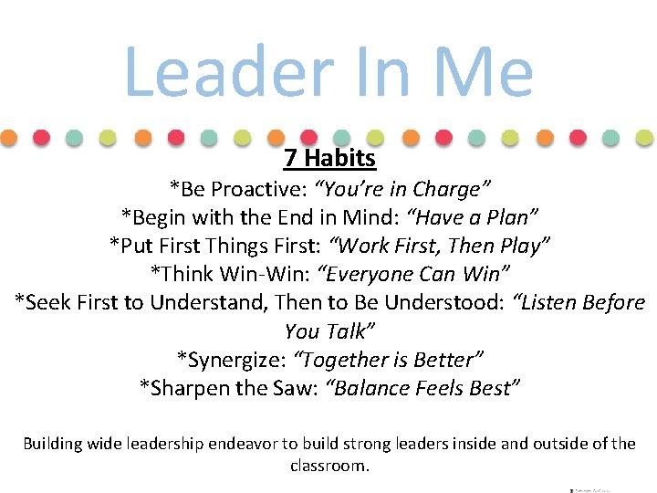 Leader In Me 7 Habits *Be Proactive: “You’re in Charge” *Begin with the End