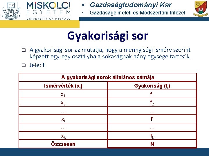  • Gazdaságtudományi Kar • Gazdaságelméleti és Módszertani Intézet Gyakorisági sor q q A