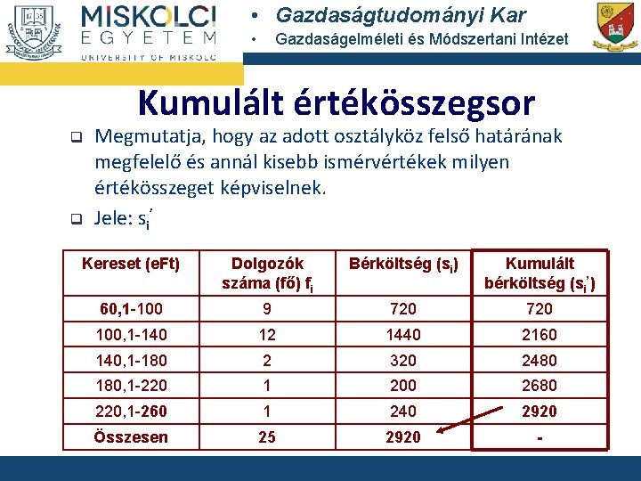  • Gazdaságtudományi Kar • Gazdaságelméleti és Módszertani Intézet Kumulált értékösszegsor q q Megmutatja,