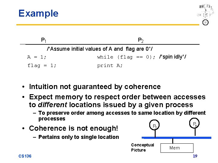 Example P 1 P 2 /*Assume initial values of A and flag are 0*/
