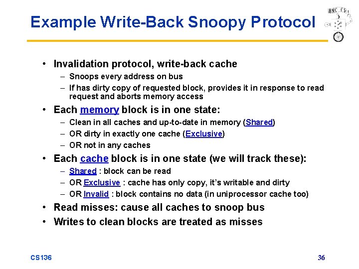 Example Write-Back Snoopy Protocol • Invalidation protocol, write-back cache – Snoops every address on