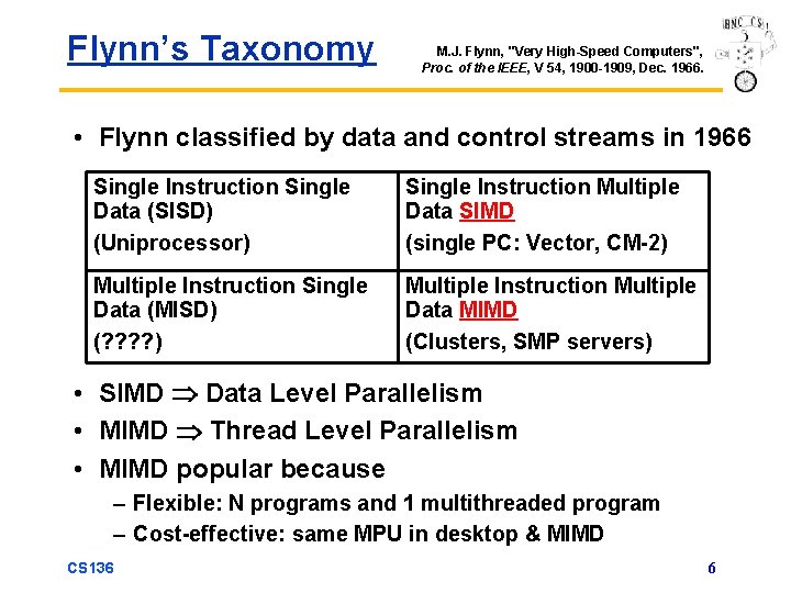 Flynn’s Taxonomy M. J. Flynn, "Very High-Speed Computers", Proc. of the IEEE, V 54,