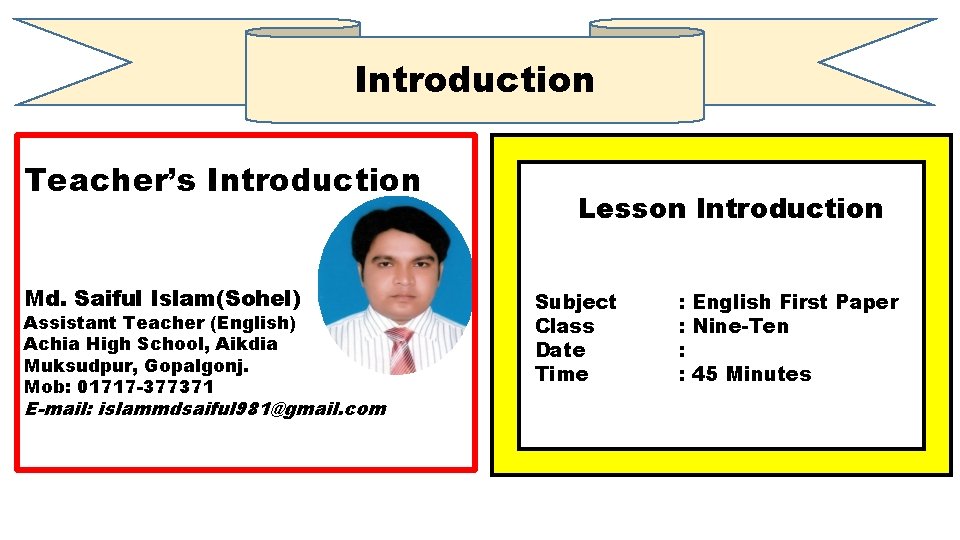 Introduction Teacher’s Introduction Md. Saiful Islam(Sohel) Assistant Teacher (English) Achia High School, Aikdia Muksudpur,