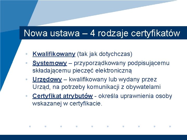 Nowa ustawa – 4 rodzaje certyfikatów • Kwalifikowany (tak jak dotychczas) • Systemowy –