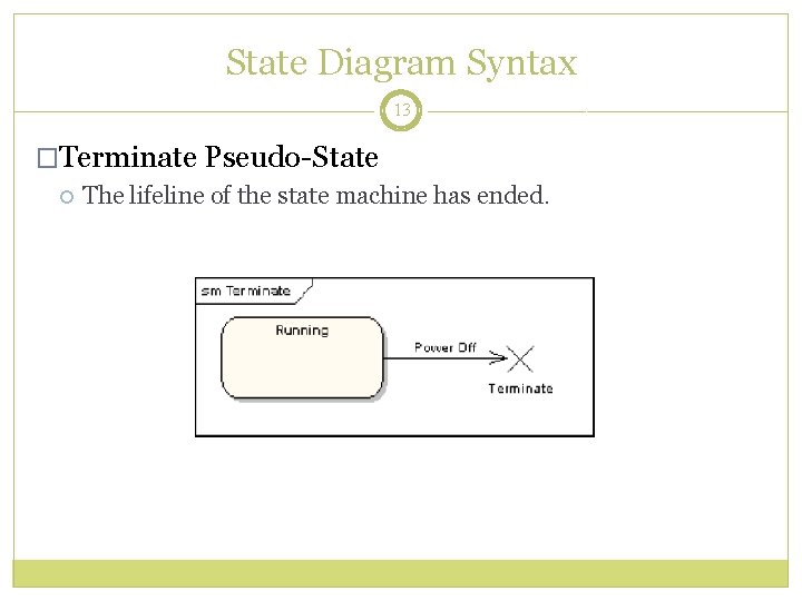 State Diagram Syntax 13 �Terminate Pseudo-State The lifeline of the state machine has ended.
