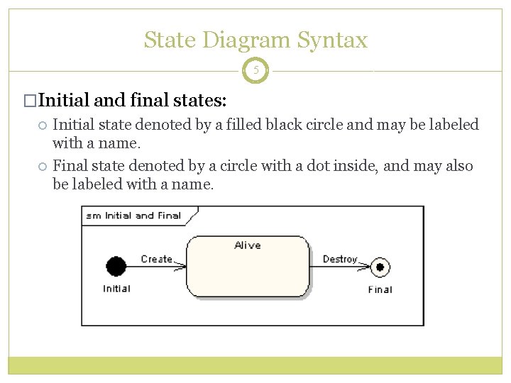 State Diagram Syntax 5 �Initial and final states: Initial state denoted by a filled