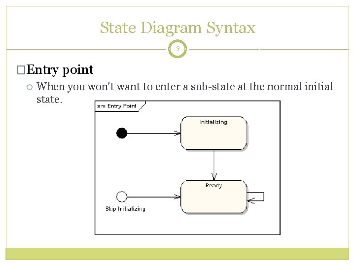 State Diagram Syntax 9 �Entry point When you won’t want to enter a sub-state