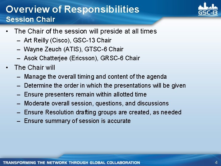 Overview of Responsibilities Session Chair • The Chair of the session will preside at
