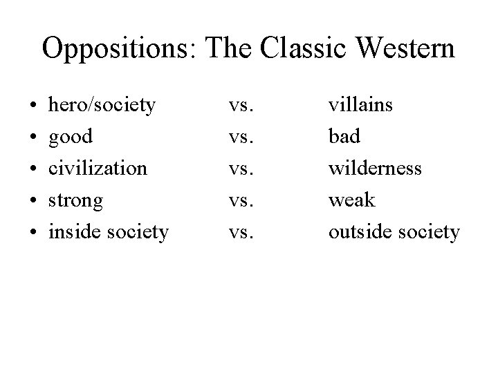 Oppositions: The Classic Western • • • hero/society good civilization strong inside society vs.