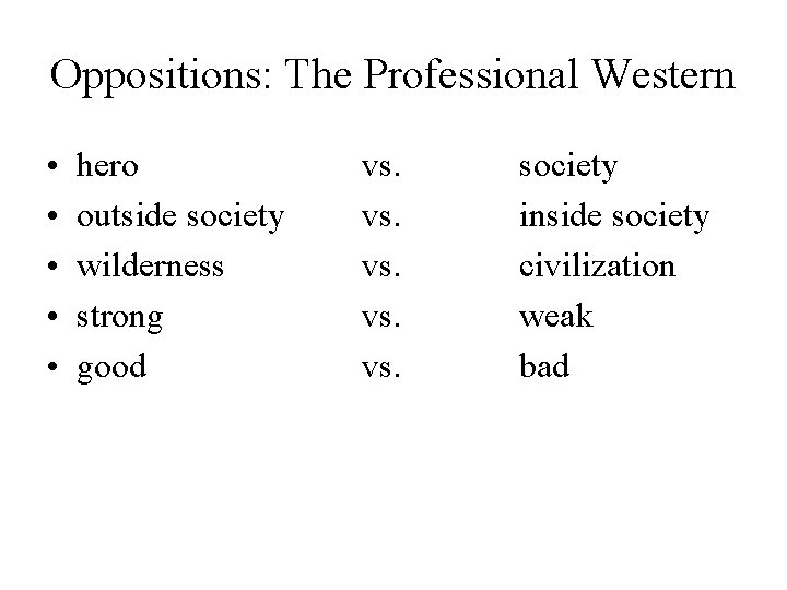 Oppositions: The Professional Western • • • hero outside society wilderness strong good vs.