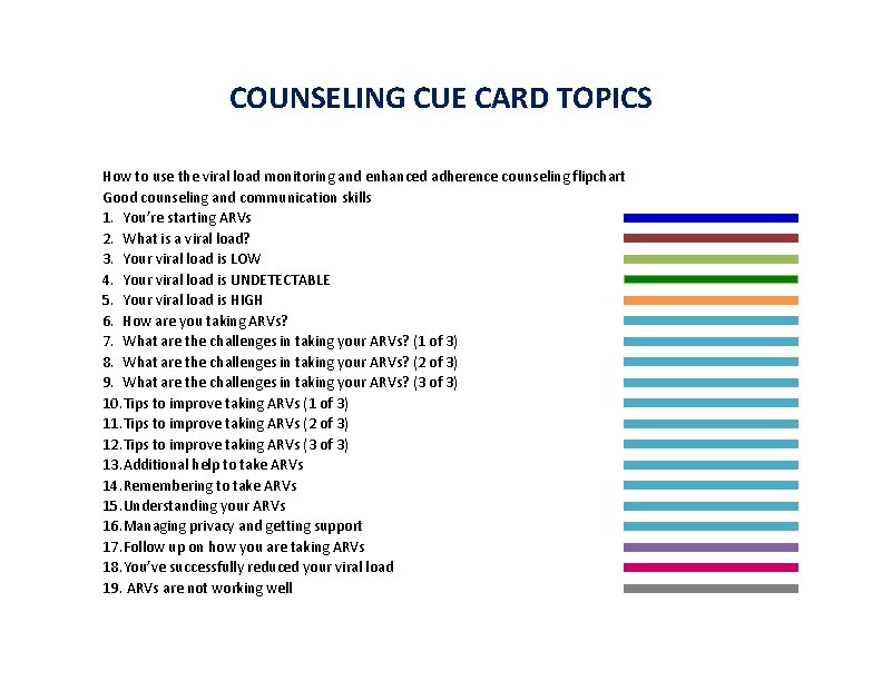 COUNSELING CUE CARD TOPICS How to use the viral load monitoring and enhanced adherence