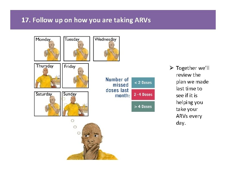 17. Follow up on how you are taking ARVs Ø Together we’ll review the