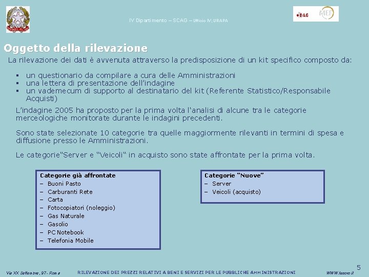 IV Dipartimento – SCAG – Ufficio IV; URAPA Oggetto della rilevazione La rilevazione dei