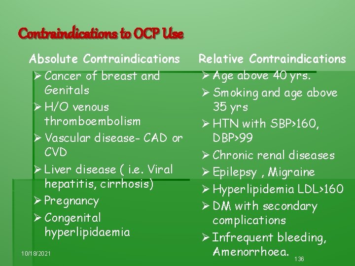 Contraindications to OCP Use Absolute Contraindications Ø Cancer of breast and Genitals Ø H/O