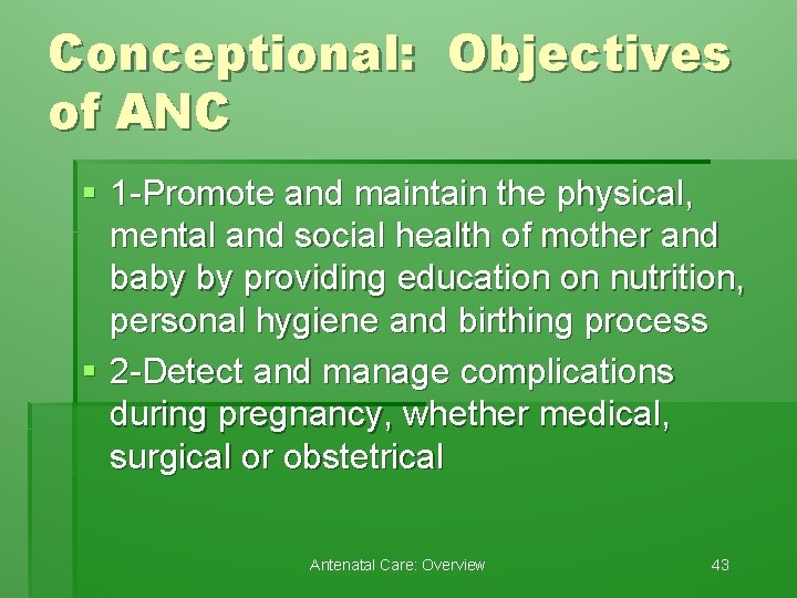 Conceptional: Objectives of ANC § 1 -Promote and maintain the physical, mental and social