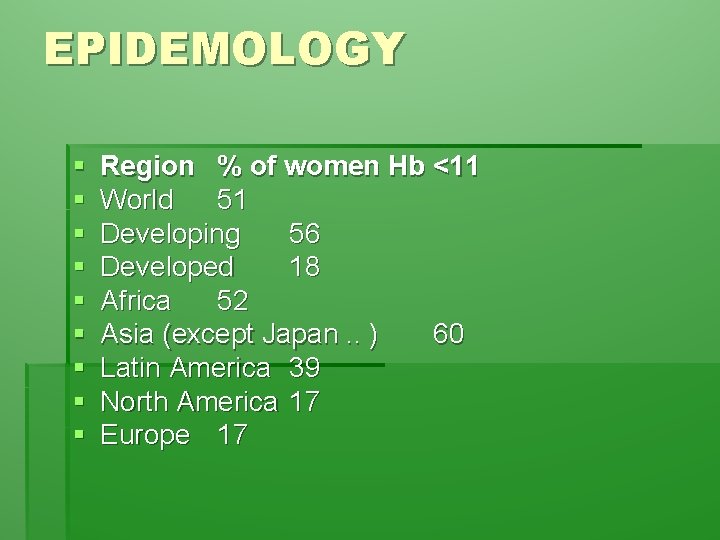 EPIDEMOLOGY § § § § § Region % of women Hb <11 World 51