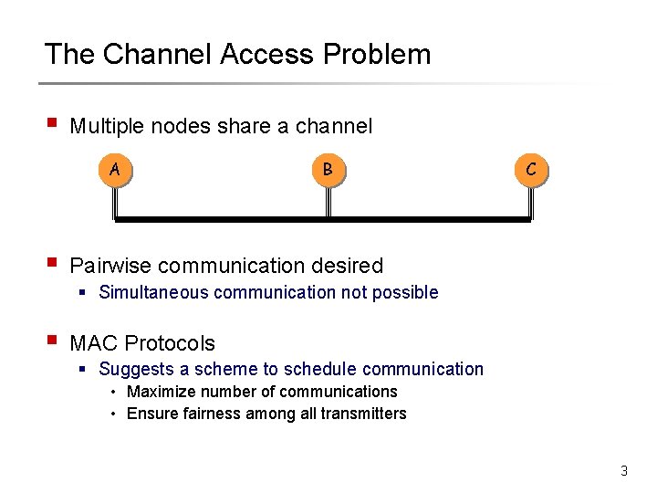 The Channel Access Problem § Multiple nodes share a channel A § B C